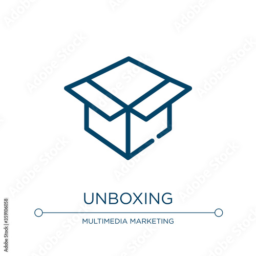 Unboxing icon. Linear vector illustration from marketing and e commerce collection collection. Outline unboxing icon vector. Thin line symbol for use on web and mobile apps, logo, print media.