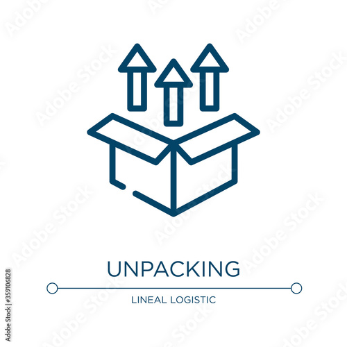 Unpacking icon. Linear vector illustration from logistic delivery collection. Outline unpacking icon vector. Thin line symbol for use on web and mobile apps, logo, print media.