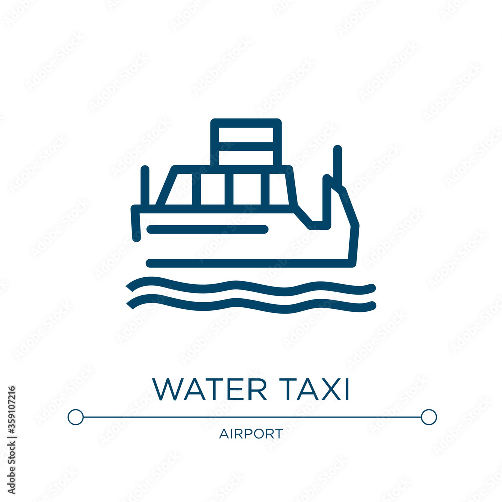 Water taxi icon. Linear vector illustration from taxi service collection. Outline water taxi icon vector. Thin line symbol for use on web and mobile apps, logo, print media. Water taxi icon. Linear vector illustration from taxi service collection. Outline water taxi icon vector. Thin line symbol for use on web and mobile apps, logo, print media.