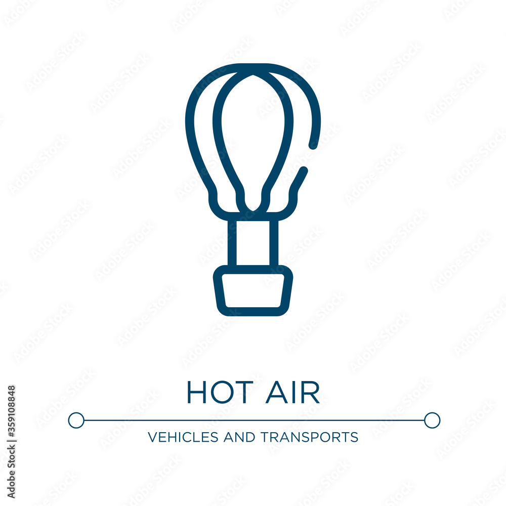 Hot air icon. Linear vector illustration from transport collection. Outline hot air icon vector. Thin line symbol for use on web and mobile apps, logo, print media. Hot air icon. Linear vector illustration from transport collection. Outline hot air icon vector. Thin line symbol for use on web and mobile apps, logo, print media.