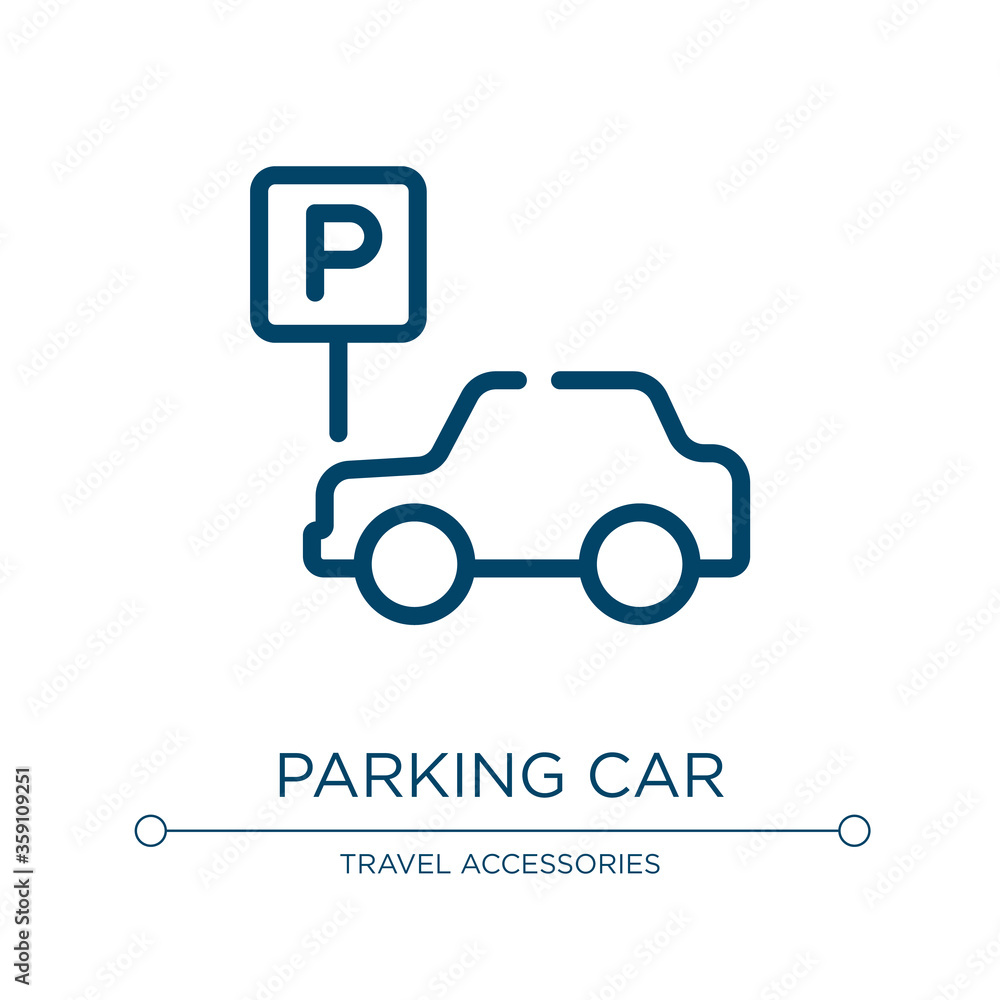 Parking car icon. Linear vector illustration from hotel services collection. Outline parking car icon vector. Thin line symbol for use on web and mobile apps, logo, print media. Parking car icon. Linear vector illustration from hotel services collection. Outline parking car icon vector. Thin line symbol for use on web and mobile apps, logo, print media.