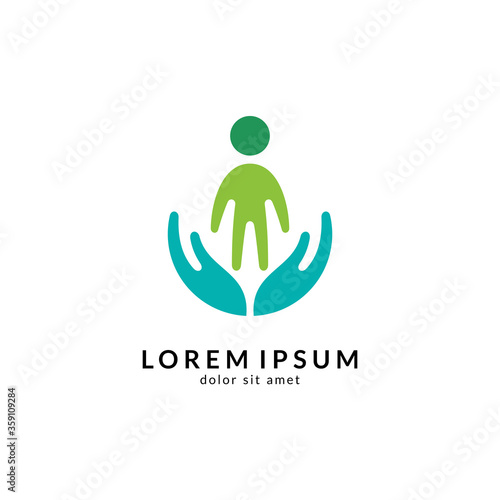 Hand with people logo, kids care icon, family vector illustration symbol