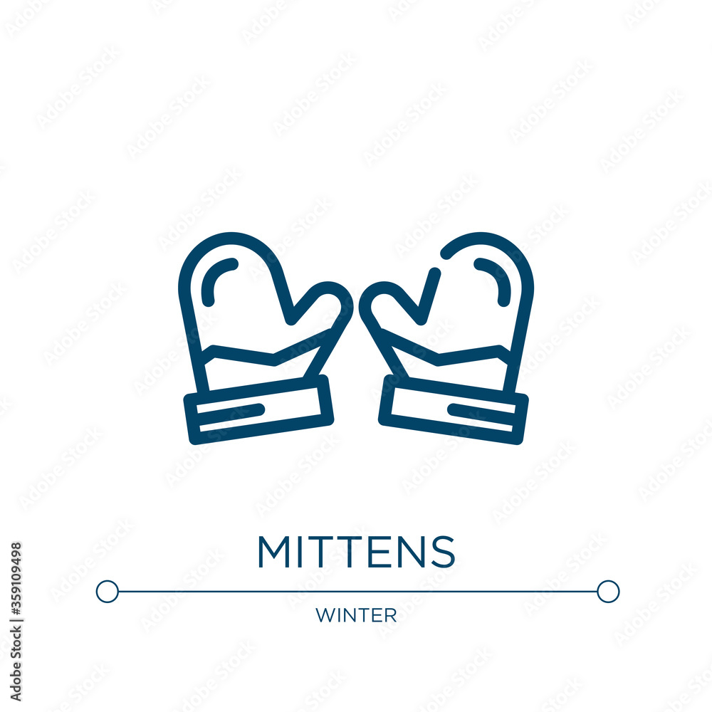 Mittens icon. Linear vector illustration from winter collection. Outline mittens icon vector. Thin line symbol for use on web and mobile apps, logo, print media. Mittens icon. Linear vector illustration from winter collection. Outline mittens icon vector. Thin line symbol for use on web and mobile apps, logo, print media.