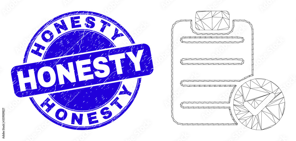 Obraz premium Web carcass accept pad text pictogram and Honesty seal. Blue vector rounded textured seal with Honesty title. Abstract carcass mesh polygonal model created from accept pad text icon.