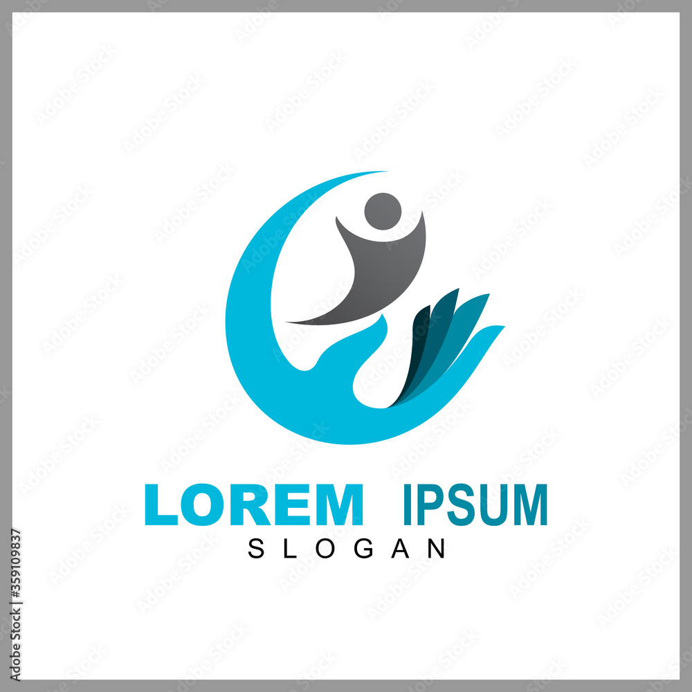 Fototapeta premium Hand with people logo, kids care icon, family vector illustration symbol