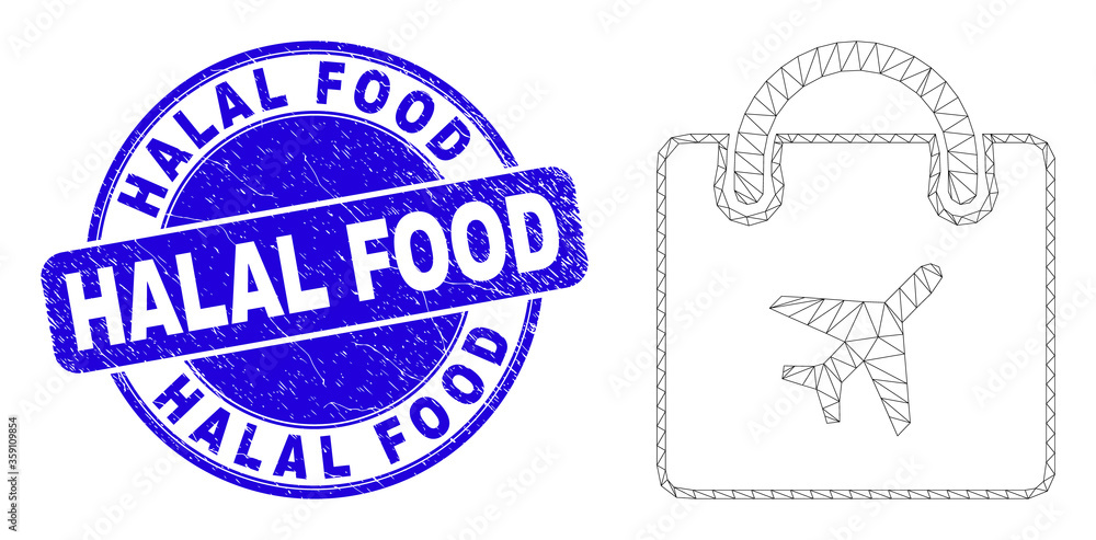 Web mesh airport shopping bag icon and Halal Food stamp. Blue vector round scratched stamp with Halal Food text. Abstract carcass mesh polygonal model created from airport shopping bag icon.