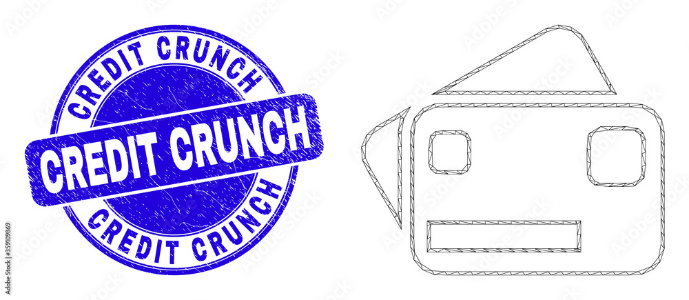 Obraz premium Web mesh bank cards pictogram and Credit Crunch seal stamp. Blue vector round scratched seal stamp with Credit Crunch caption. Abstract frame mesh polygonal model created from bank cards pictogram.