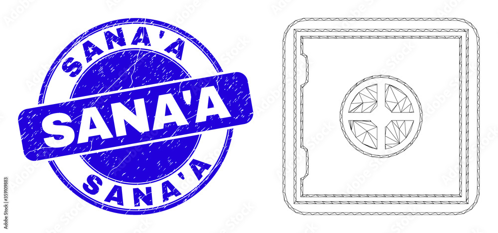 Obraz premium Web carcass banking safe pictogram and Sana'A seal stamp. Blue vector round textured seal stamp with Sana'A phrase. Abstract carcass mesh polygonal model created from banking safe pictogram.