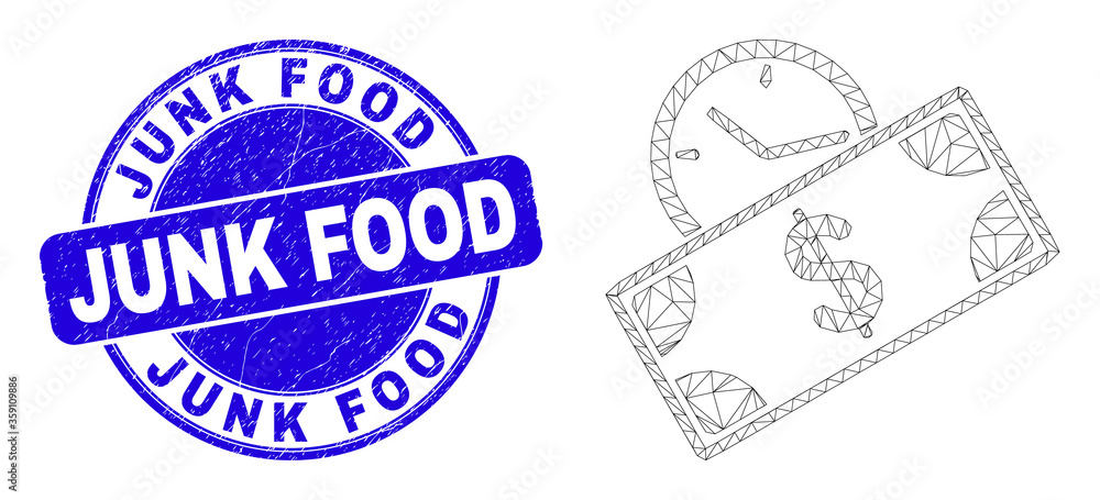 Web mesh banknote credit time pictogram and Junk Food seal. Blue vector rounded distress seal with Junk Food message. Abstract carcass mesh polygonal model created from banknote credit time pictogram.
