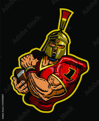 spartan football player mascot holding ball for school, college or league