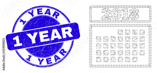Web mesh 2018 calendar page icon and 1 Year watermark. Blue vector rounded textured watermark with 1 Year phrase. Abstract carcass mesh polygonal model created from 2018 calendar page icon.