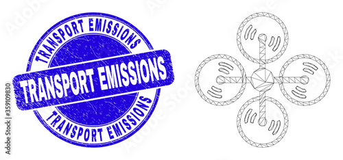 Web carcass air copter pictogram and Transport Emissions seal stamp. Blue vector rounded distress stamp with Transport Emissions text.