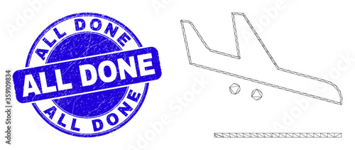 Web mesh airplane landing icon and All Done stamp. Blue vector round distress seal stamp with All Done caption. Abstract frame mesh polygonal model created from airplane landing icon.