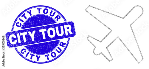 Web mesh airplane pictogram and City Tour watermark. Blue vector round grunge watermark with City Tour phrase. Abstract carcass mesh polygonal model created from airplane pictogram.