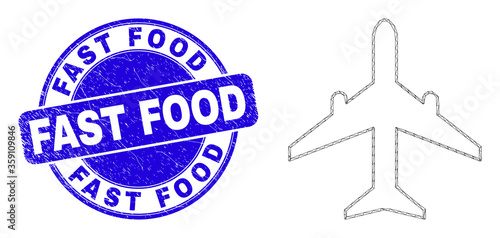 Web carcass airplane pictogram and Fast Food seal stamp. Blue vector rounded scratched seal stamp with Fast Food message. Abstract carcass mesh polygonal model created from airplane pictogram.