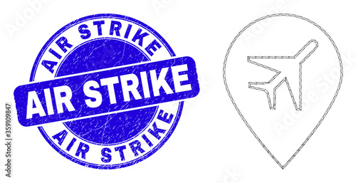 Web carcass airport map marker icon and Air Strike seal stamp. Blue vector round textured stamp with Air Strike message. Abstract carcass mesh polygonal model created from airport map marker icon.