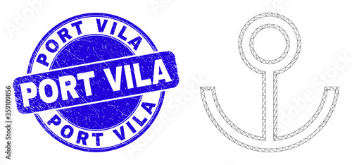Web mesh anchor icon and Port Vila stamp. Blue vector rounded distress stamp with Port Vila text. Abstract carcass mesh polygonal model created from anchor icon.