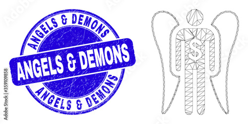 Web mesh angel investor pictogram and Angels & Demons seal stamp. Blue vector round textured stamp with Angels & Demons message. Abstract carcass mesh polygonal model created from angel investor icon.