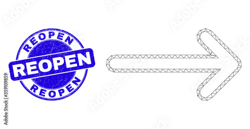 Web carcass arrow right pictogram and Reopen stamp. Blue vector rounded grunge seal stamp with Reopen phrase. Abstract frame mesh polygonal model created from arrow right pictogram.