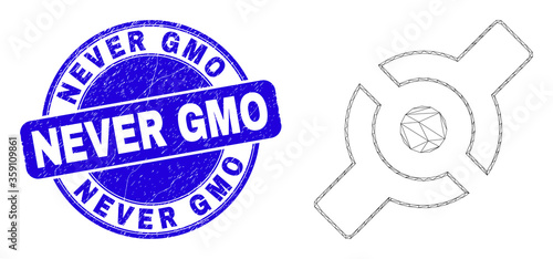 Web carcass artificial joint pictogram and Never GMO seal. Blue vector rounded grunge seal with Never GMO caption. Abstract carcass mesh polygonal model created from artificial joint pictogram.