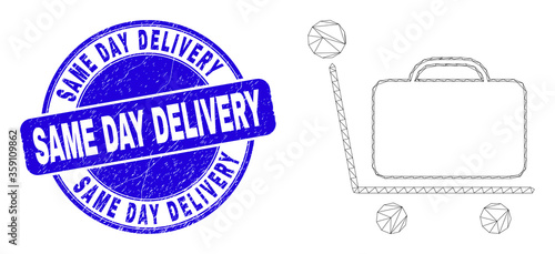 Web mesh baggage cart pictogram and Same Day Delivery seal stamp. Blue vector rounded grunge seal stamp with Same Day Delivery message.