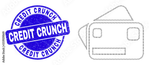 Web mesh bank cards pictogram and Credit Crunch seal stamp. Blue vector round scratched seal stamp with Credit Crunch caption. Abstract frame mesh polygonal model created from bank cards pictogram.