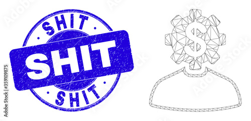 Web mesh banker gear person pictogram and Shit watermark. Blue vector round textured seal with Shit message. Abstract carcass mesh polygonal model created from banker gear person pictogram.