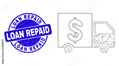 Web mesh banking delivery pictogram and Loan Repaid seal stamp. Blue vector round scratched seal stamp with Loan Repaid text. Abstract frame mesh polygonal model created from banking delivery icon.
