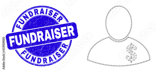 Web carcass banker pictogram and Fundraiser seal stamp. Blue vector rounded distress seal stamp with Fundraiser caption. Abstract carcass mesh polygonal model created from banker icon.