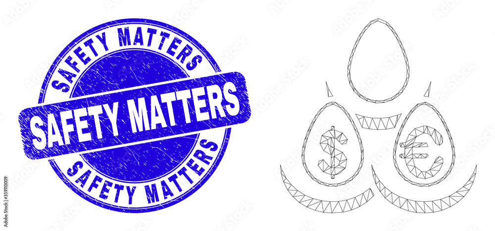 Obraz premium Web mesh currency deposit eggs icon and Safety Matters seal stamp. Blue vector rounded distress seal stamp with Safety Matters title.
