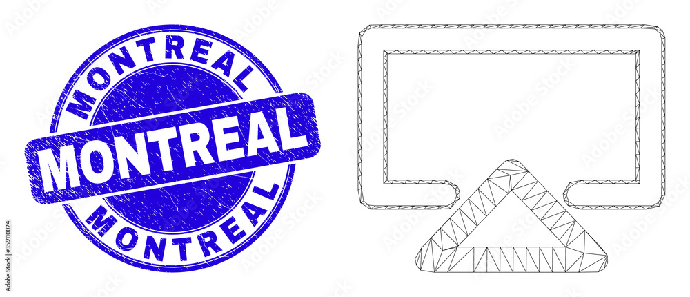 Obraz premium Web carcass display icon and Montreal watermark. Blue vector round distress stamp with Montreal text. Abstract carcass mesh polygonal model created from display icon.