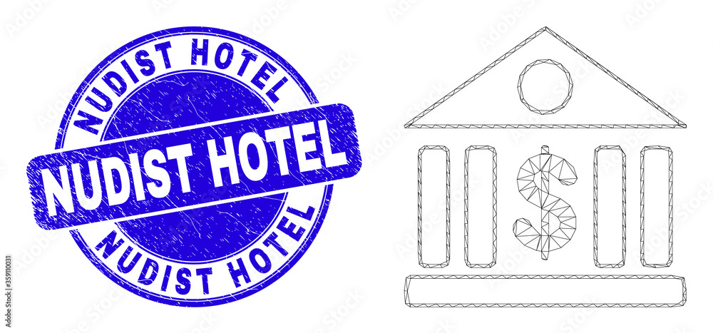 Obraz premium Web carcass dollar bank pictogram and Nudist Hotel seal stamp. Blue vector round distress seal stamp with Nudist Hotel message.