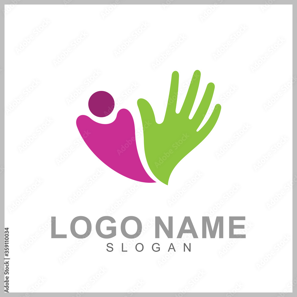 Fototapeta premium Hand with people logo, kids care icon, family vector illustration symbol