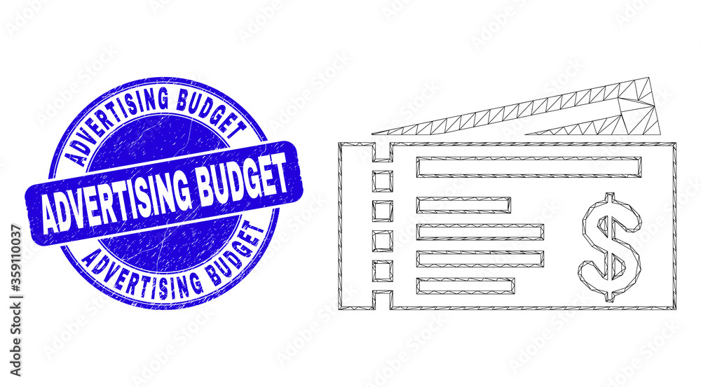 Fototapeta premium Web carcass dollar cheques icon and Advertising Budget seal stamp. Blue vector rounded grunge seal stamp with Advertising Budget title.