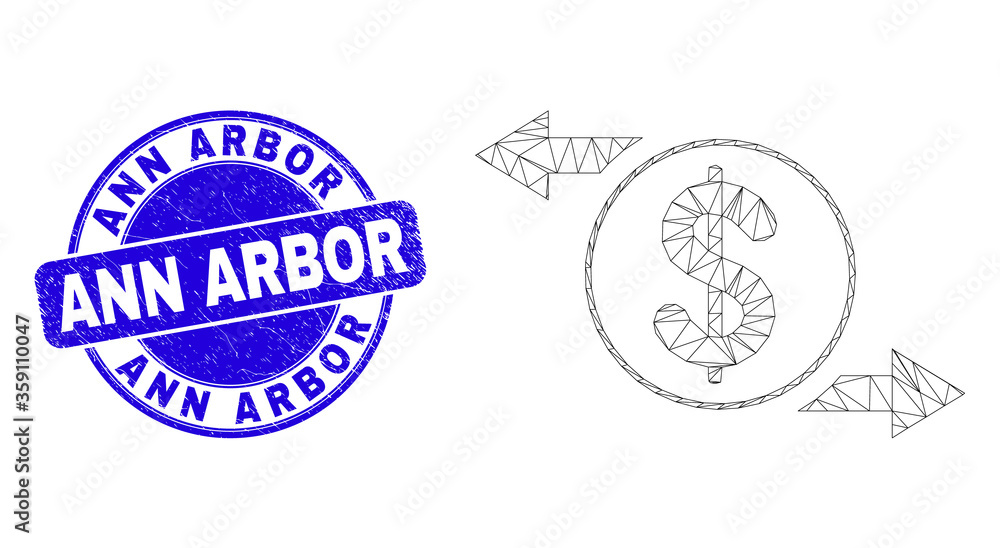 Web mesh dollar exchange arrows pictogram and Ann Arbor seal stamp. Blue vector rounded grunge seal stamp with Ann Arbor caption.