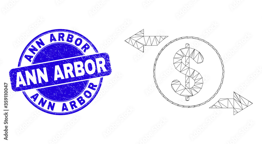 Web mesh dollar exchange arrows pictogram and Ann Arbor seal stamp. Blue vector rounded grunge seal stamp with Ann Arbor caption. Web mesh dollar exchange arrows pictogram and Ann Arbor seal stamp. Blue vector rounded grunge seal stamp with Ann Arbor caption.
