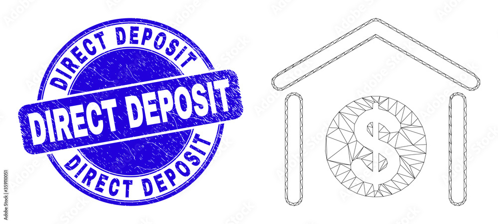 Fototapeta premium Web mesh dollar garage bank pictogram and Direct Deposit seal stamp. Blue vector rounded distress seal stamp with Direct Deposit phrase.