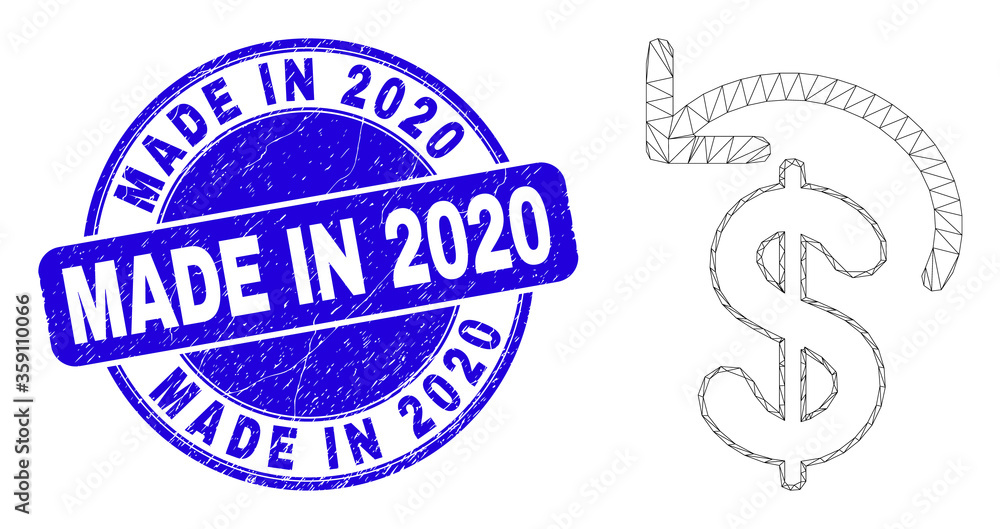 Fototapeta premium Web carcass dollar refund icon and Made in 2020 watermark. Blue vector round textured watermark with Made in 2020 phrase. Abstract carcass mesh polygonal model created from dollar refund icon.