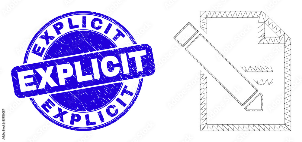 Web carcass edit text page icon and Explicit watermark. Blue vector round scratched watermark with Explicit caption. Abstract frame mesh polygonal model created from edit text page icon. Web carcass edit text page icon and Explicit watermark. Blue vector round scratched watermark with Explicit caption. Abstract frame mesh polygonal model created from edit text page icon.
