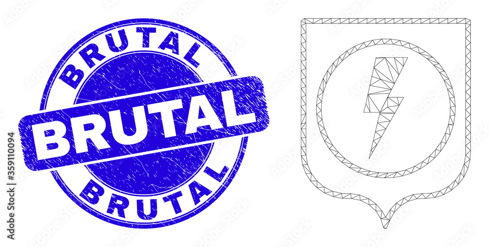 Web mesh electric shield icon and Brutal seal stamp. Blue vector rounded distress seal stamp with Brutal message. Abstract carcass mesh polygonal model created from electric shield icon. Web mesh electric shield icon and Brutal seal stamp. Blue vector rounded distress seal stamp with Brutal message. Abstract carcass mesh polygonal model created from electric shield icon.