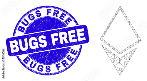 Web mesh crystal icon and Bugs Free seal stamp. Blue vector round textured stamp with Bugs Free message. Abstract frame mesh polygonal model created from crystal pictogram.
