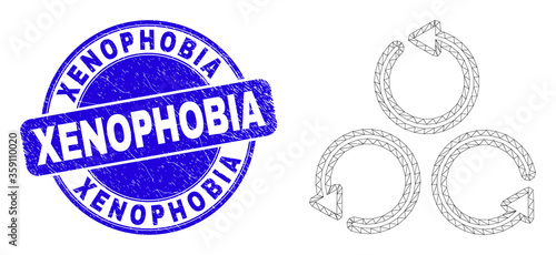Web carcass different rotation pictogram and Xenophobia watermark. Blue vector rounded distress watermark with Xenophobia phrase.