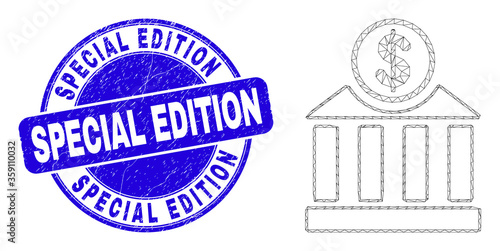 Web mesh dollar bank icon and Special Edition watermark. Blue vector rounded distress watermark with Special Edition text. Abstract carcass mesh polygonal model created from dollar bank icon.
