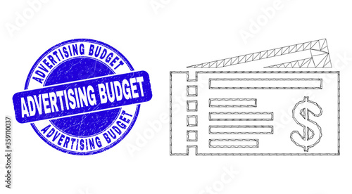 Web carcass dollar cheques icon and Advertising Budget seal stamp. Blue vector rounded grunge seal stamp with Advertising Budget title.