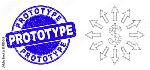 Web carcass dollar emission pictogram and Prototype seal stamp. Blue vector rounded distress seal stamp with Prototype phrase.
