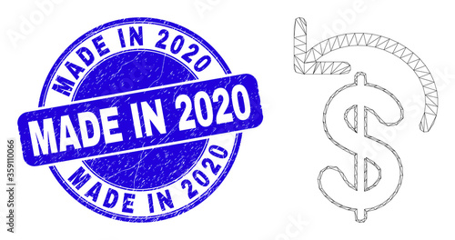 Web carcass dollar refund icon and Made in 2020 watermark. Blue vector round textured watermark with Made in 2020 phrase. Abstract carcass mesh polygonal model created from dollar refund icon.