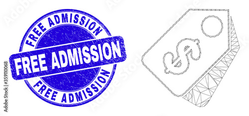 Web carcass dollar tags icon and Free Admission seal. Blue vector rounded distress seal with Free Admission text. Abstract carcass mesh polygonal model created from dollar tags icon.