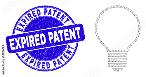 Web carcass electric bulb pictogram and Expired Patent seal. Blue vector round distress seal stamp with Expired Patent caption.