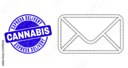 Web carcass envelope pictogram and Express Delivery Cannabis seal stamp. Blue vector rounded scratched stamp with Express Delivery Cannabis caption.
