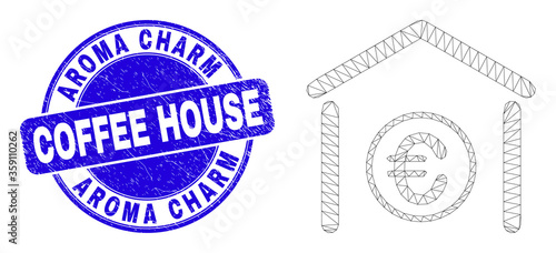 Web carcass euro bank pictogram and Aroma Charm Coffee House stamp. Blue vector round textured seal with Aroma Charm Coffee House title.